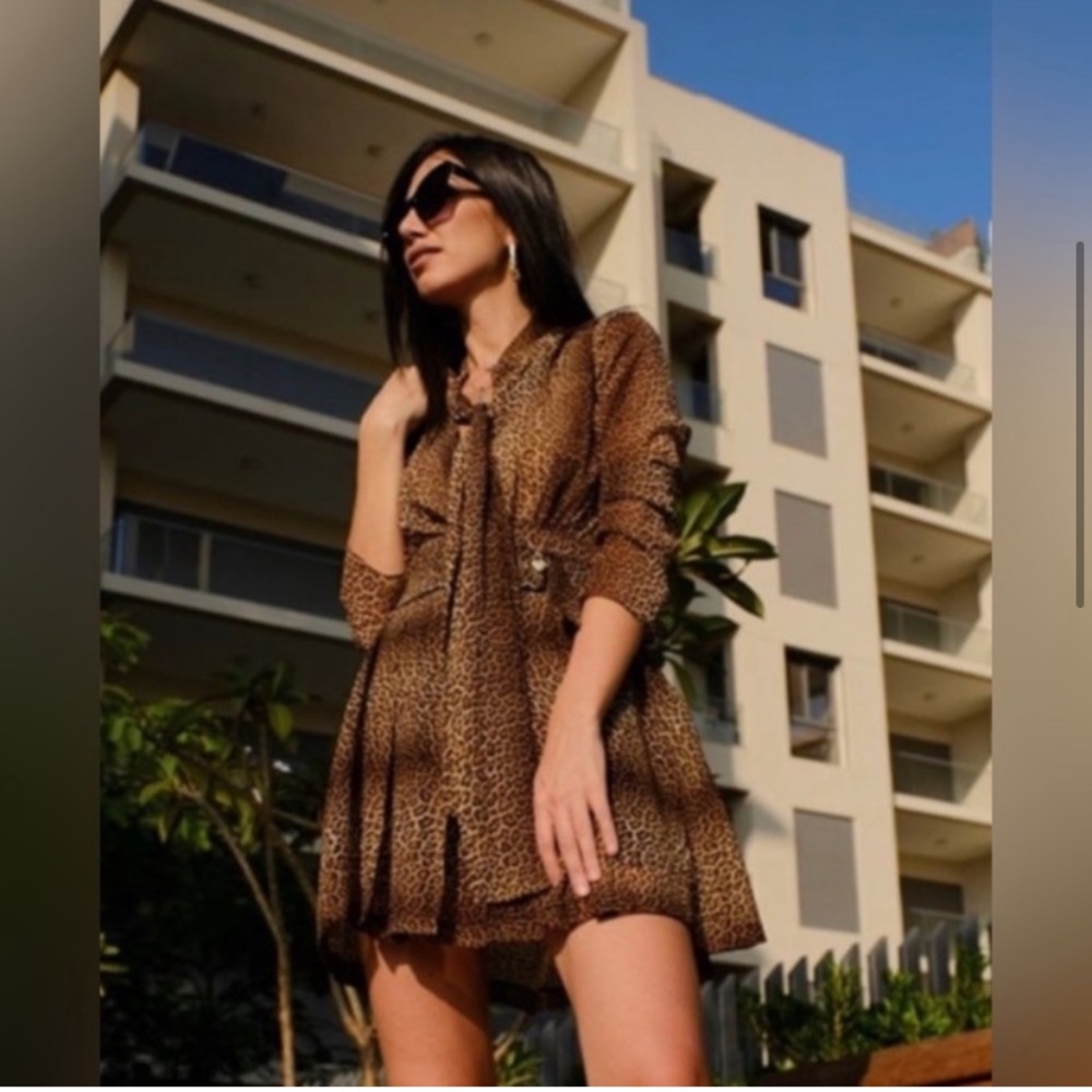 NWT {Zara} Leopard Print Belted Mini Dress with Attached Scarf ~ Size Small